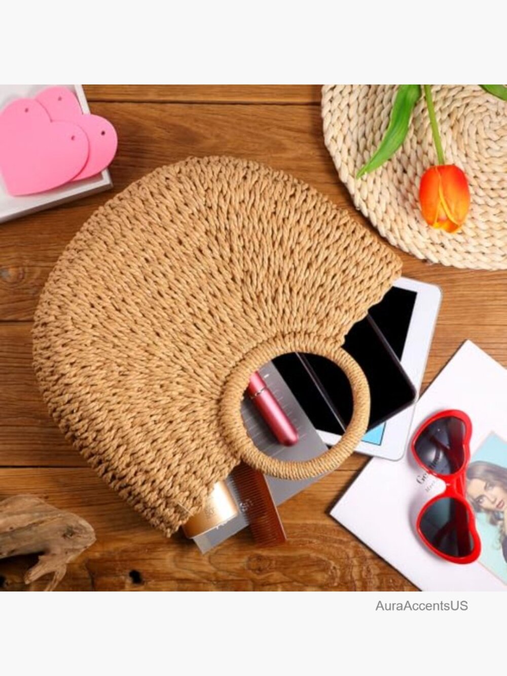 Straw Tote Bag Summer Beach Rattan Woven Handbag Travel Tote - Picture 3 of 7